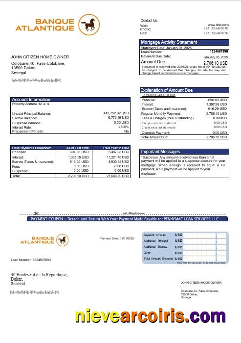 Senegal Banque Atlantique mortgage statement